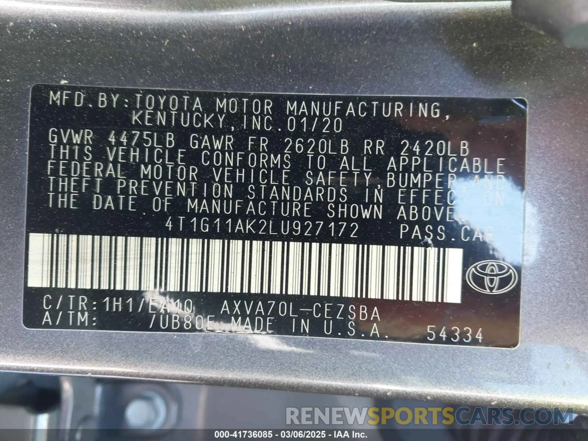 9 Photograph of a damaged car 4T1G11AK2LU927172 TOYOTA CAMRY 2020