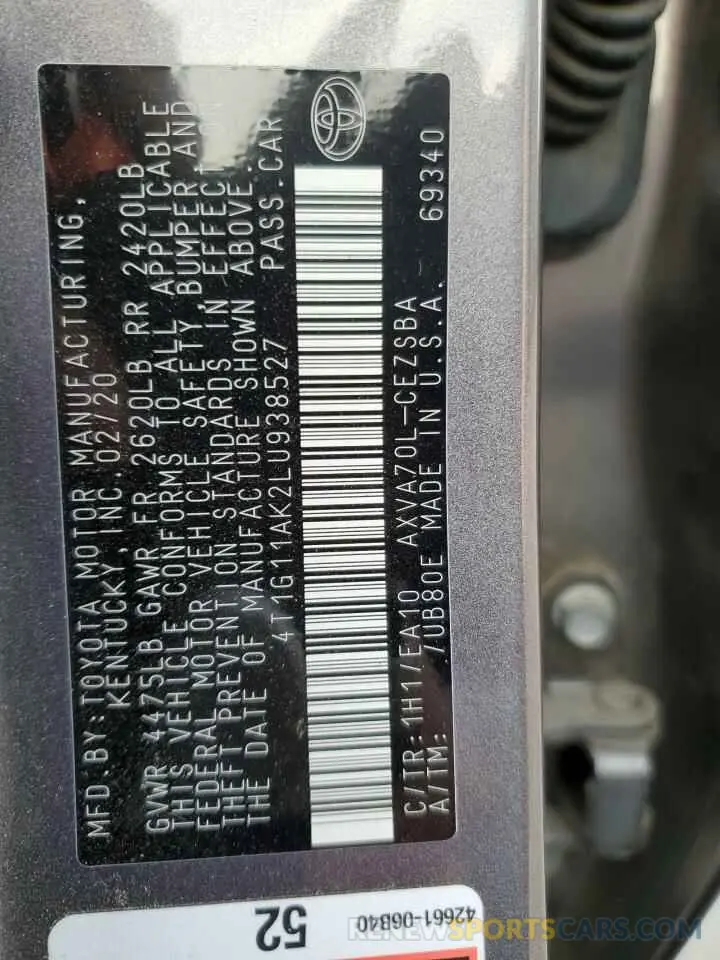 12 Photograph of a damaged car 4T1G11AK2LU938527 TOYOTA CAMRY 2020