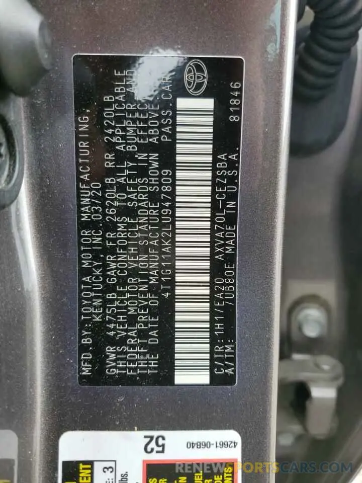 12 Photograph of a damaged car 4T1G11AK2LU947809 TOYOTA CAMRY 2020