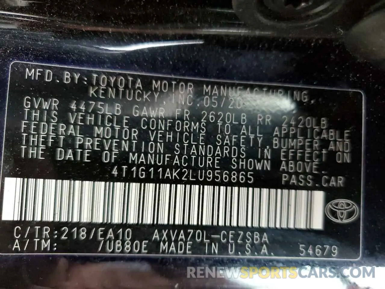 13 Photograph of a damaged car 4T1G11AK2LU956865 TOYOTA CAMRY 2020