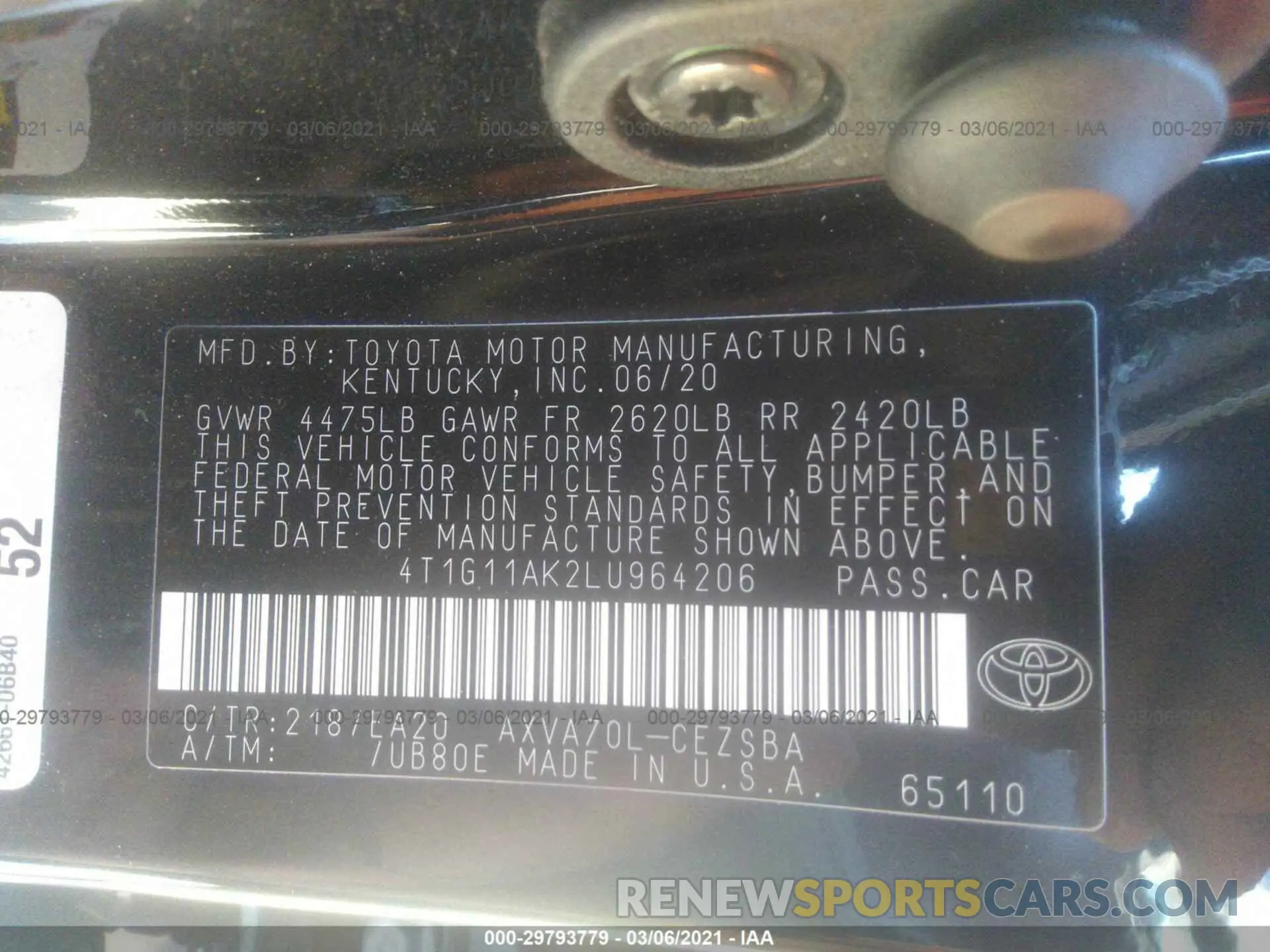9 Photograph of a damaged car 4T1G11AK2LU964206 TOYOTA CAMRY 2020