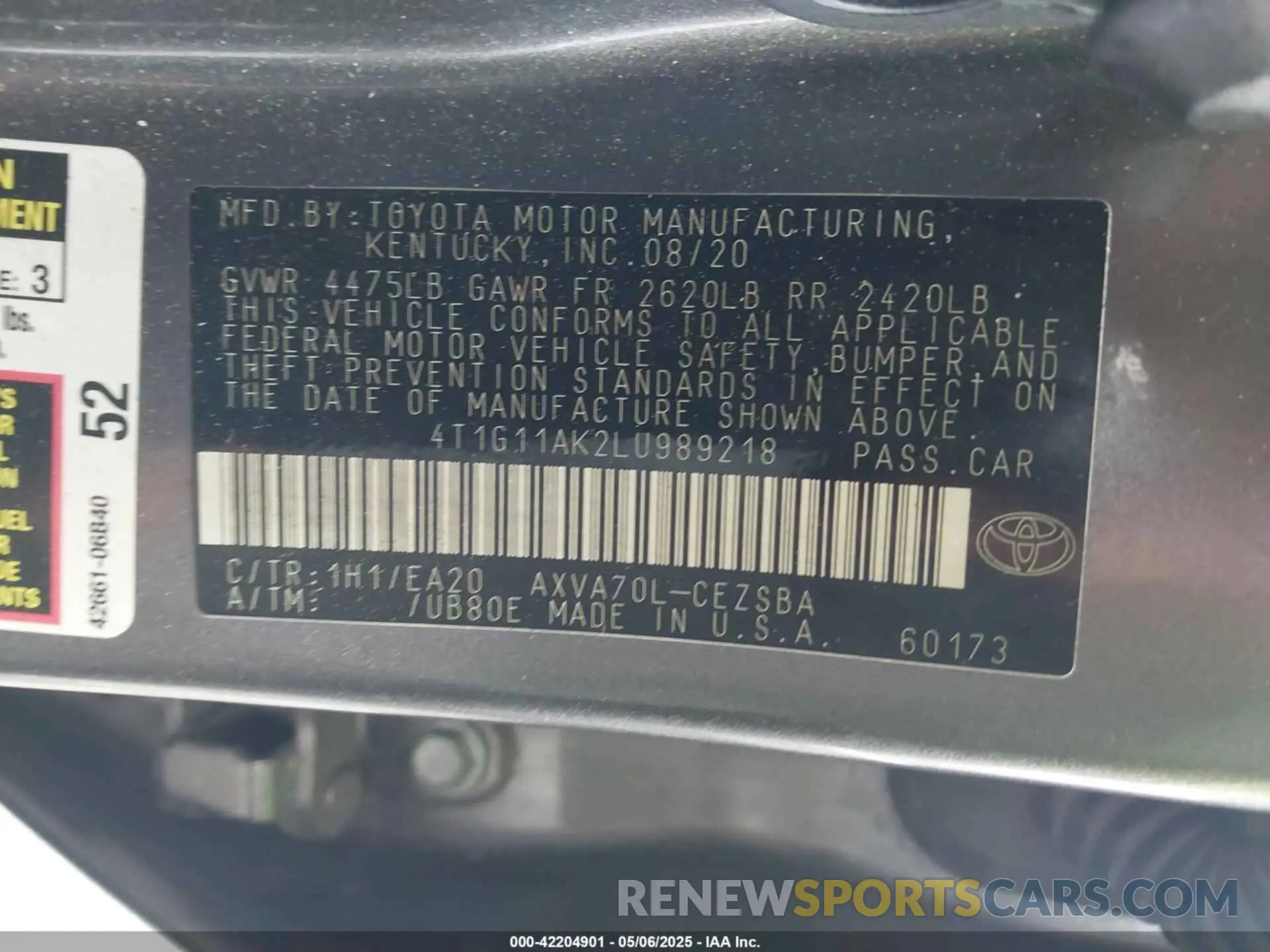 9 Photograph of a damaged car 4T1G11AK2LU989218 TOYOTA CAMRY 2020