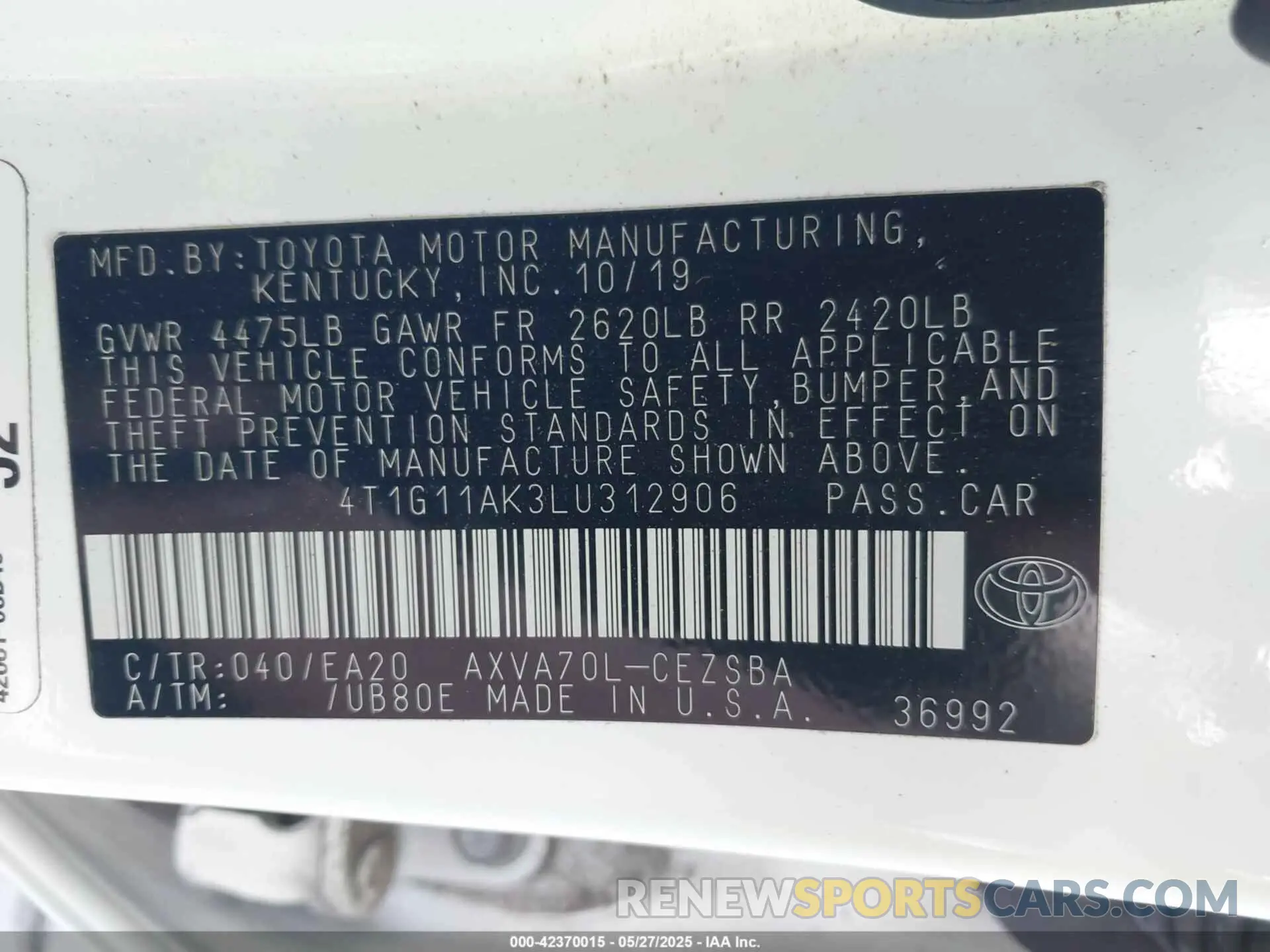 9 Photograph of a damaged car 4T1G11AK3LU312906 TOYOTA CAMRY 2020
