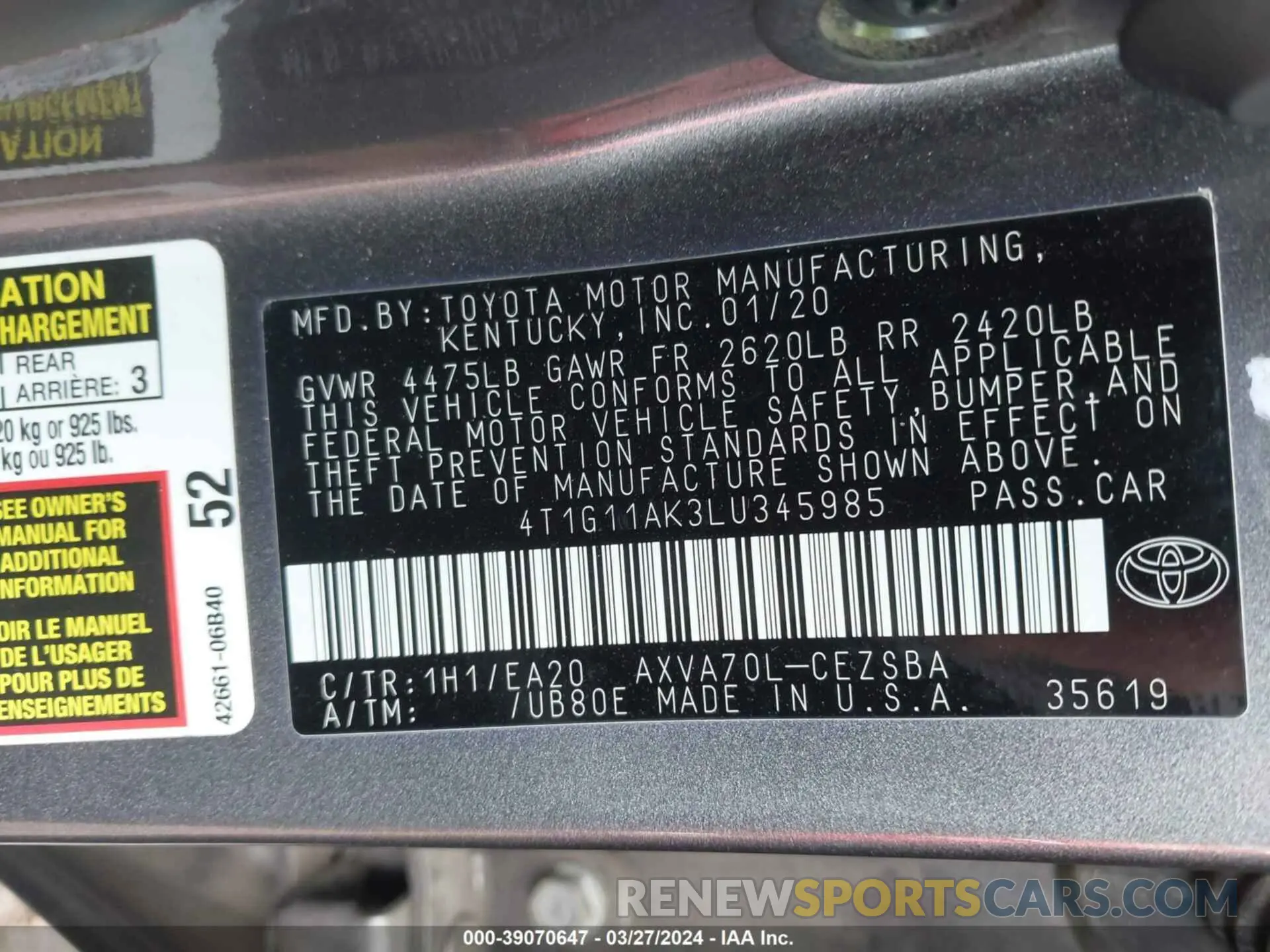 9 Photograph of a damaged car 4T1G11AK3LU345985 TOYOTA CAMRY 2020
