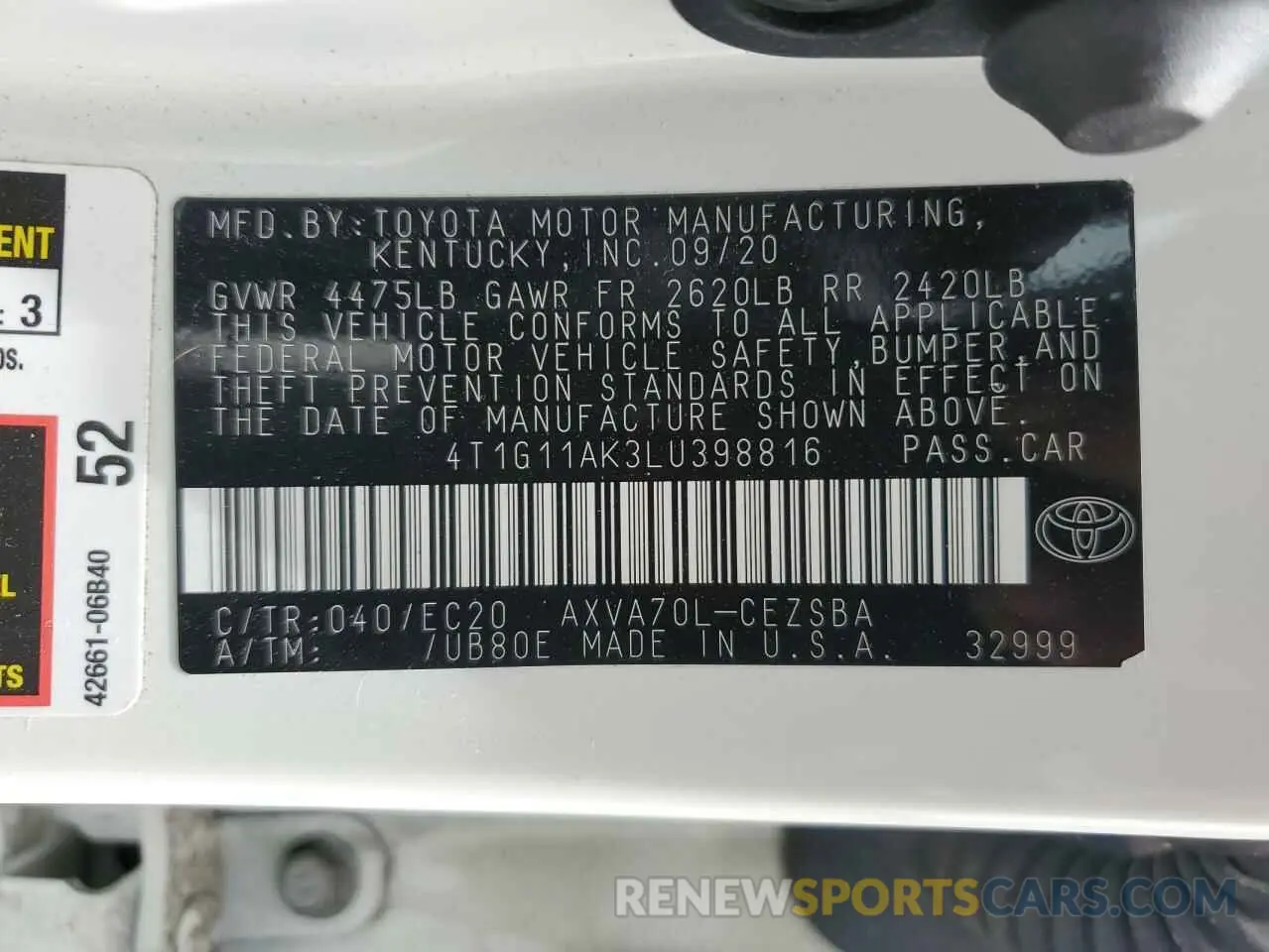 12 Photograph of a damaged car 4T1G11AK3LU398816 TOYOTA CAMRY 2020