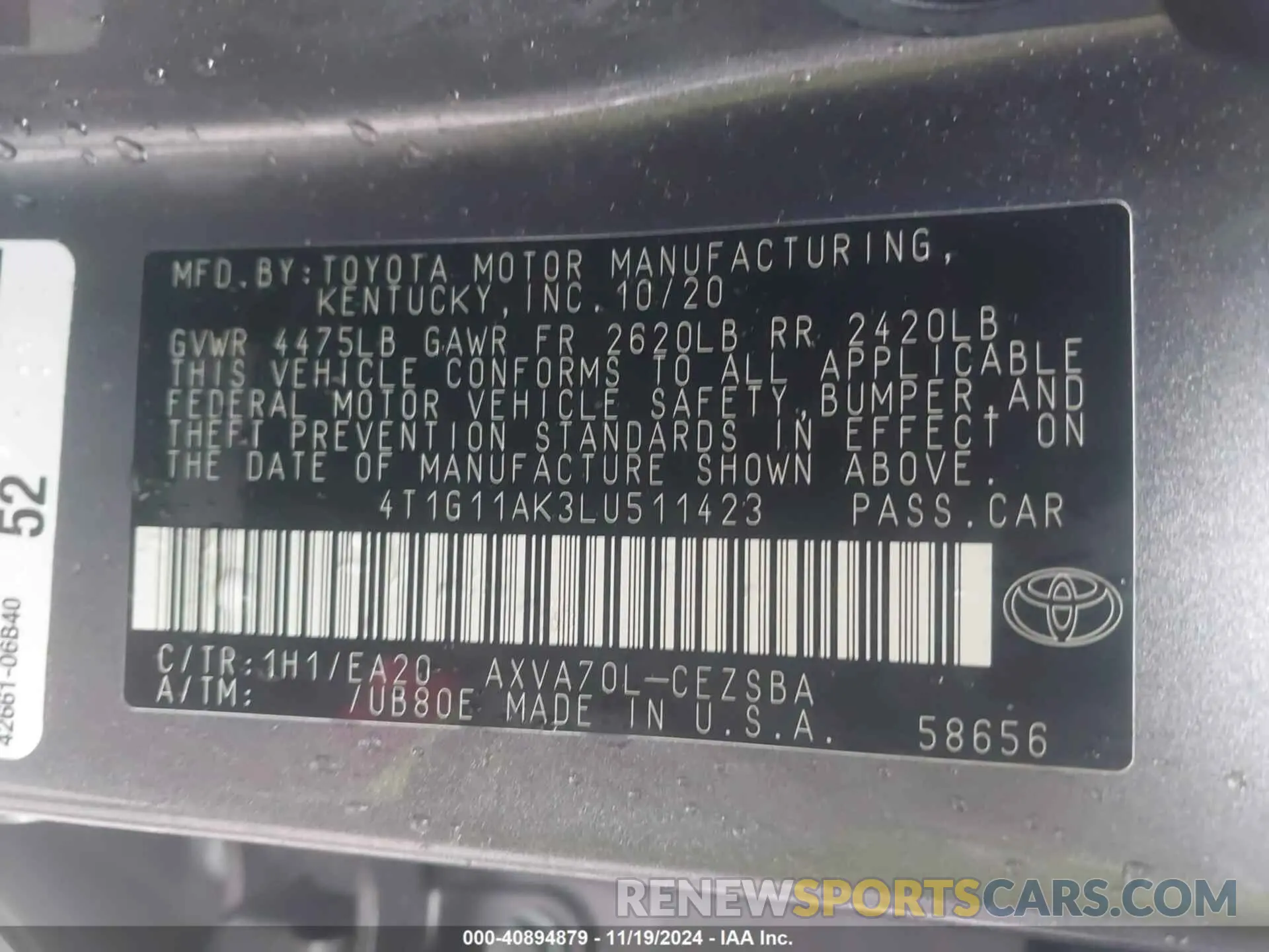 9 Photograph of a damaged car 4T1G11AK3LU511423 TOYOTA CAMRY 2020