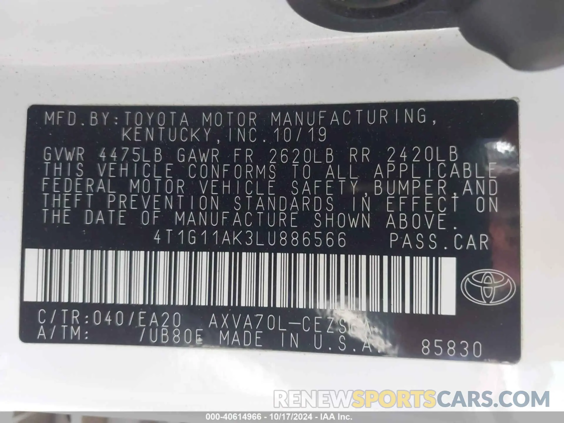 9 Photograph of a damaged car 4T1G11AK3LU886566 TOYOTA CAMRY 2020