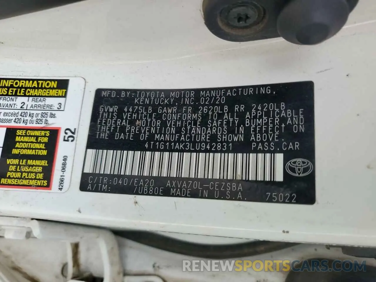 14 Photograph of a damaged car 4T1G11AK3LU942831 TOYOTA CAMRY 2020