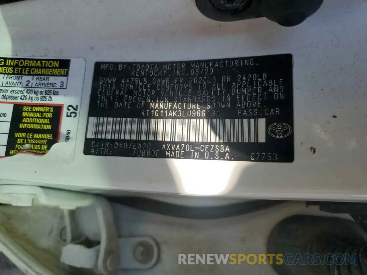 12 Photograph of a damaged car 4T1G11AK3LU966191 TOYOTA CAMRY 2020