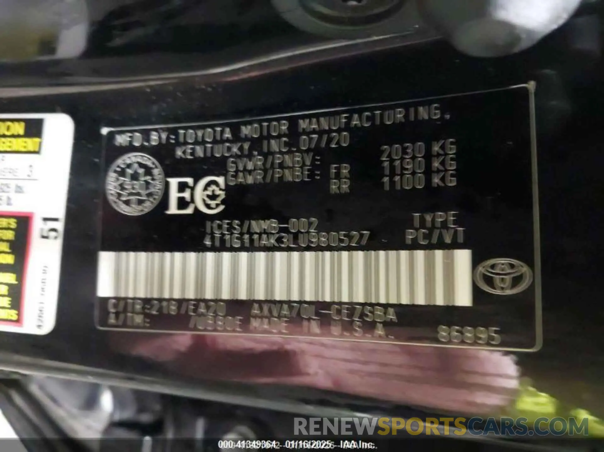 9 Photograph of a damaged car 4T1G11AK3LU980527 TOYOTA CAMRY 2020