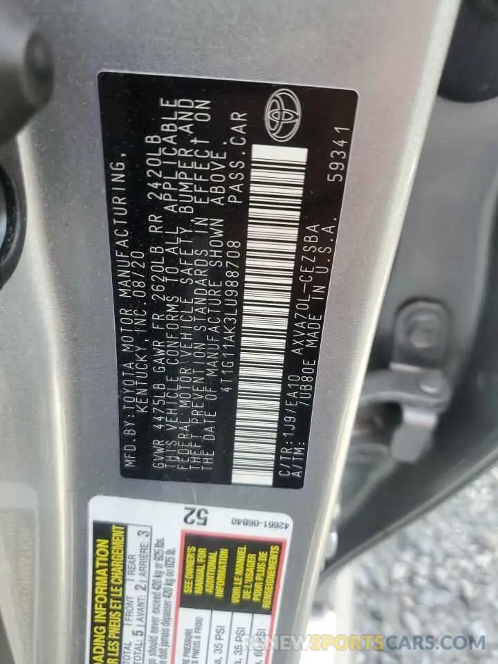 13 Photograph of a damaged car 4T1G11AK3LU988708 TOYOTA CAMRY 2020