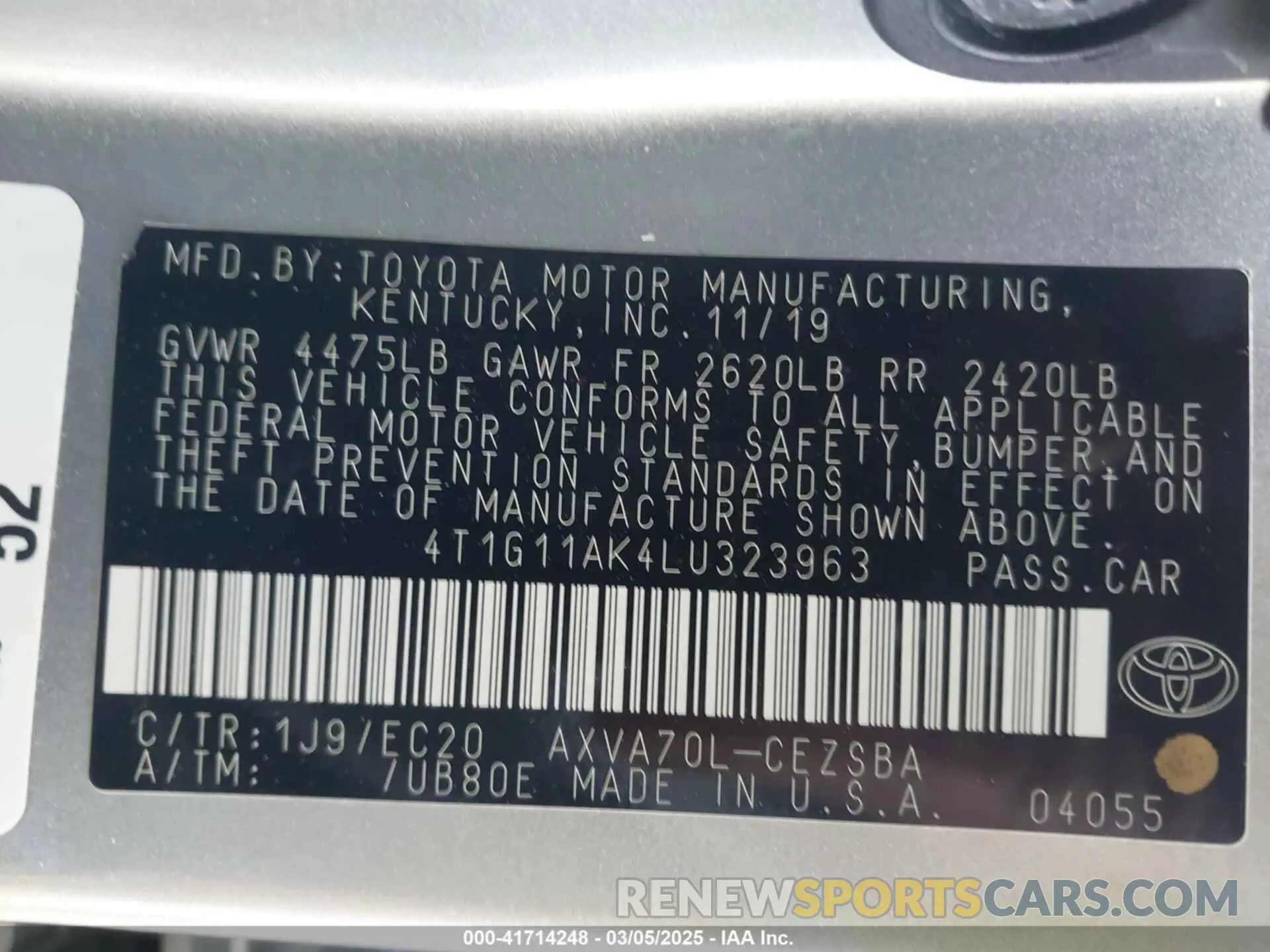 9 Photograph of a damaged car 4T1G11AK4LU323963 TOYOTA CAMRY 2020