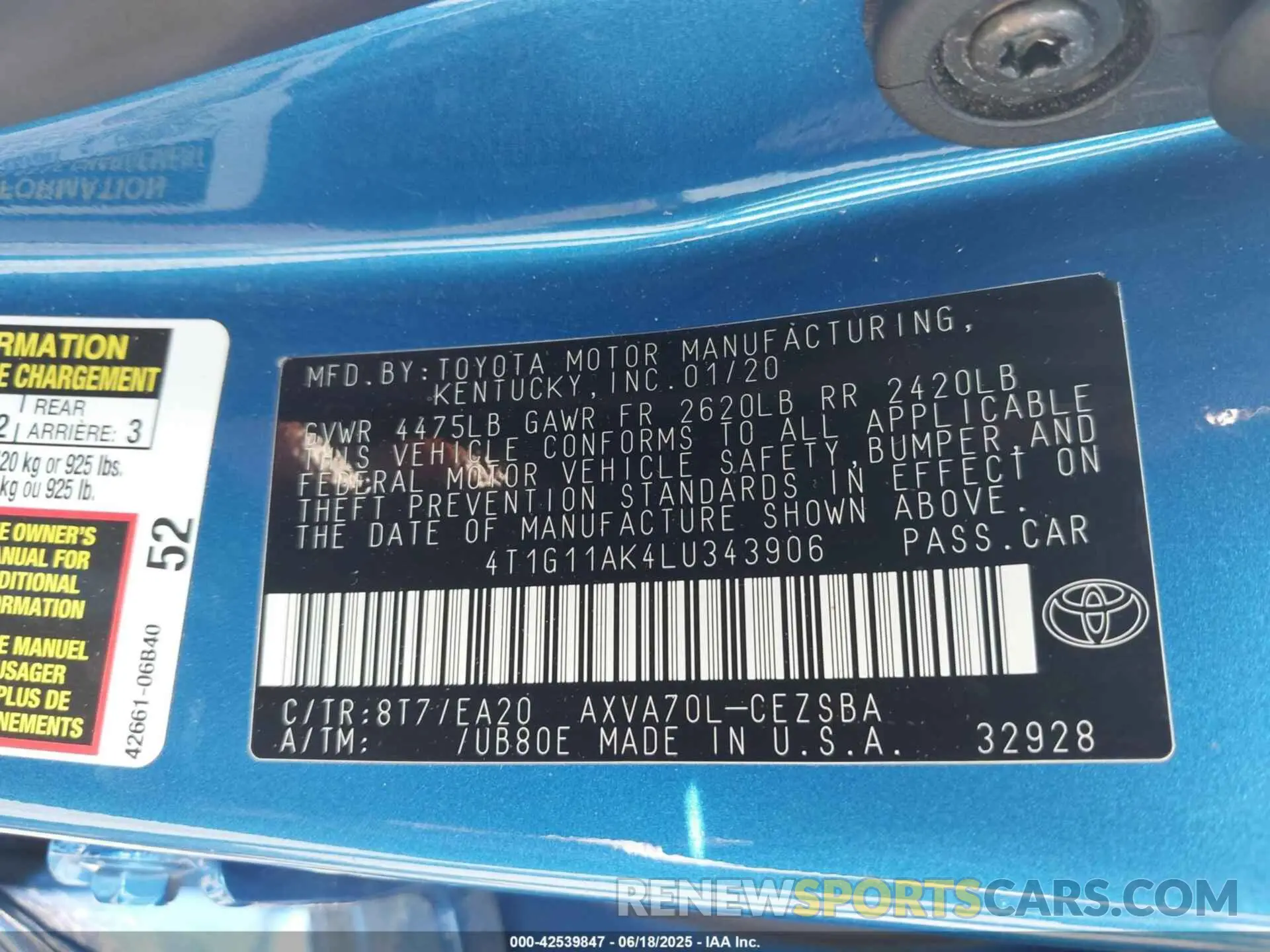 9 Photograph of a damaged car 4T1G11AK4LU343906 TOYOTA CAMRY 2020