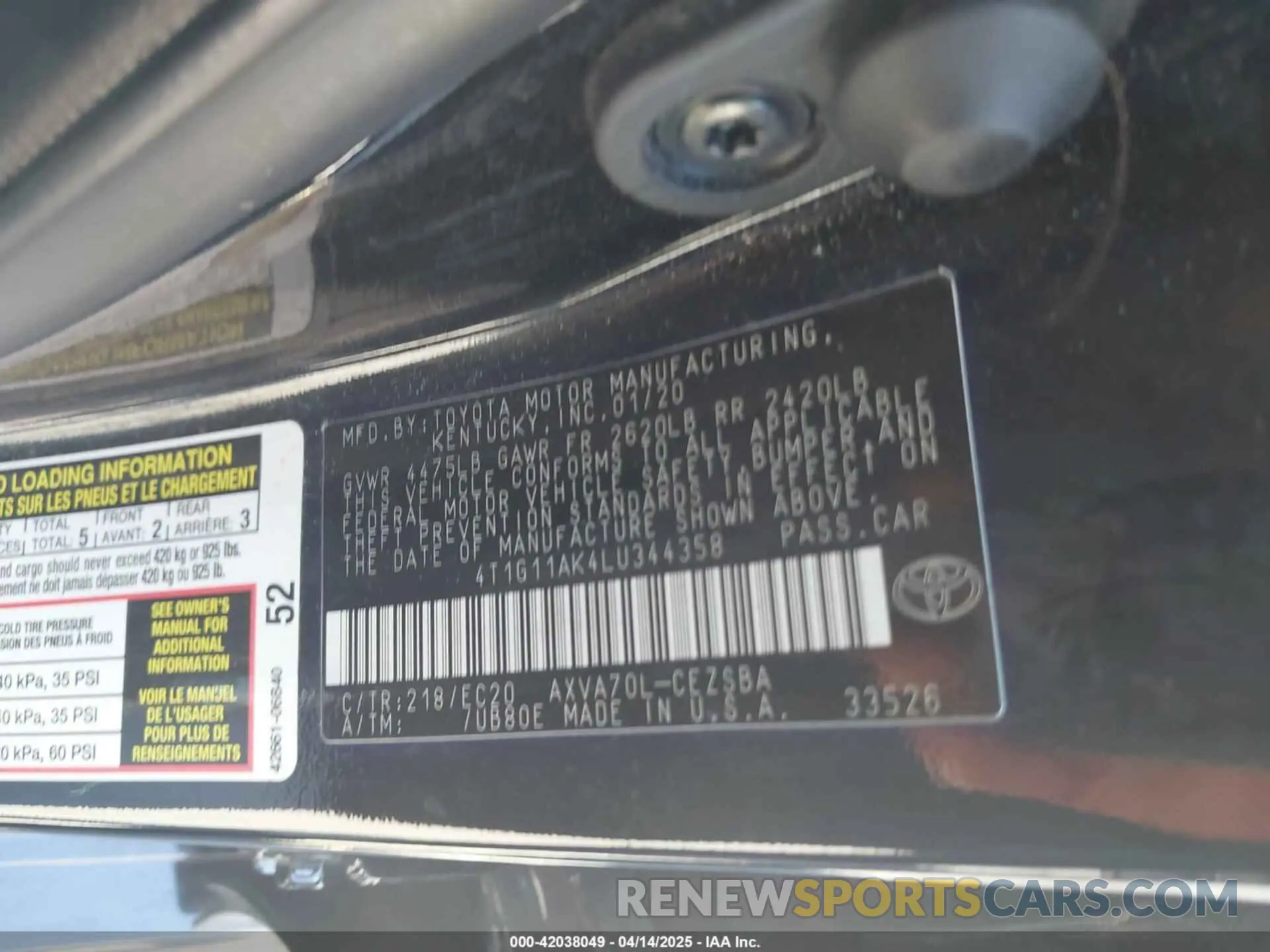 9 Photograph of a damaged car 4T1G11AK4LU344358 TOYOTA CAMRY 2020