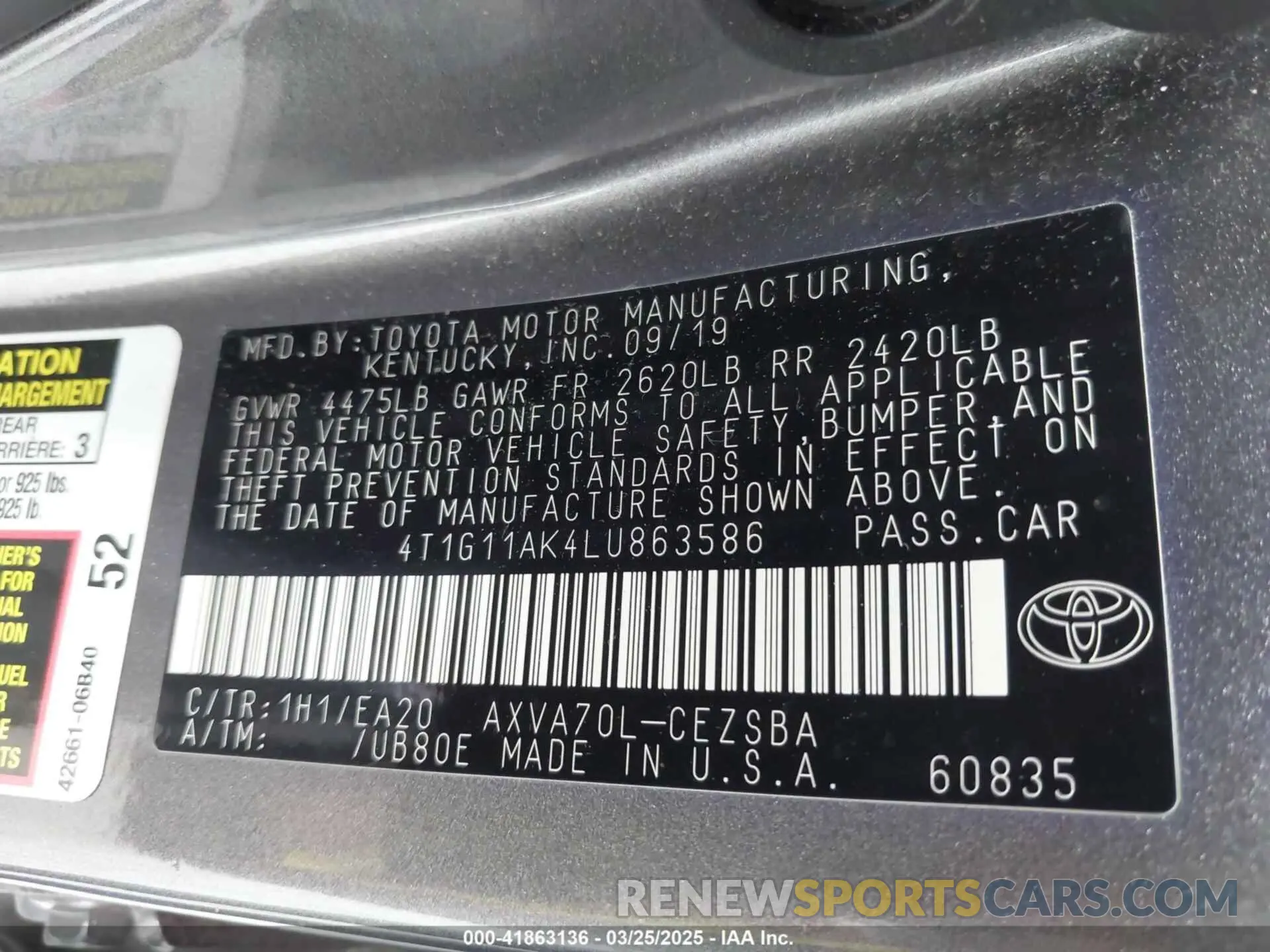 9 Photograph of a damaged car 4T1G11AK4LU863586 TOYOTA CAMRY 2020