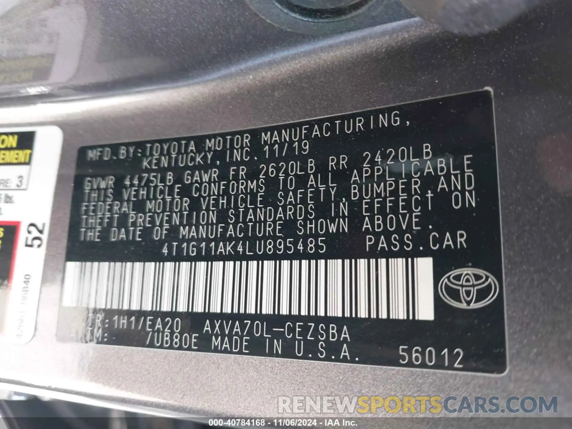 9 Photograph of a damaged car 4T1G11AK4LU895485 TOYOTA CAMRY 2020