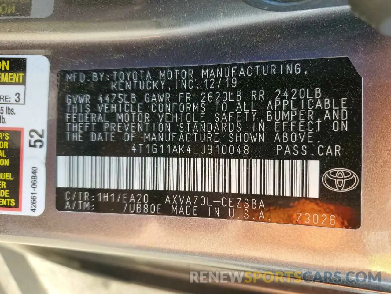 13 Photograph of a damaged car 4T1G11AK4LU910048 TOYOTA CAMRY 2020