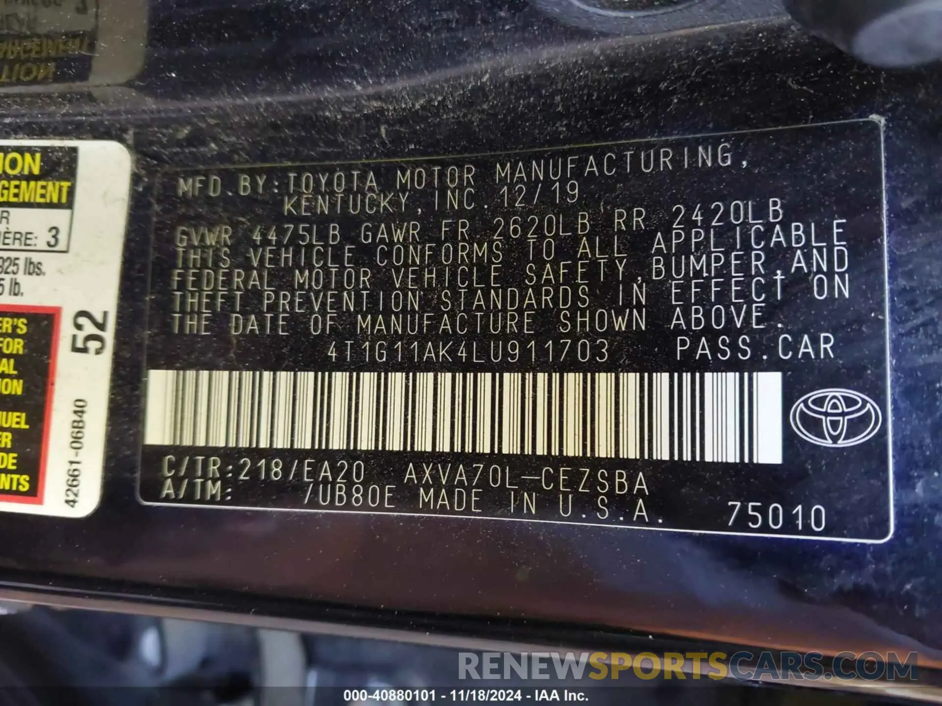 9 Photograph of a damaged car 4T1G11AK4LU911703 TOYOTA CAMRY 2020