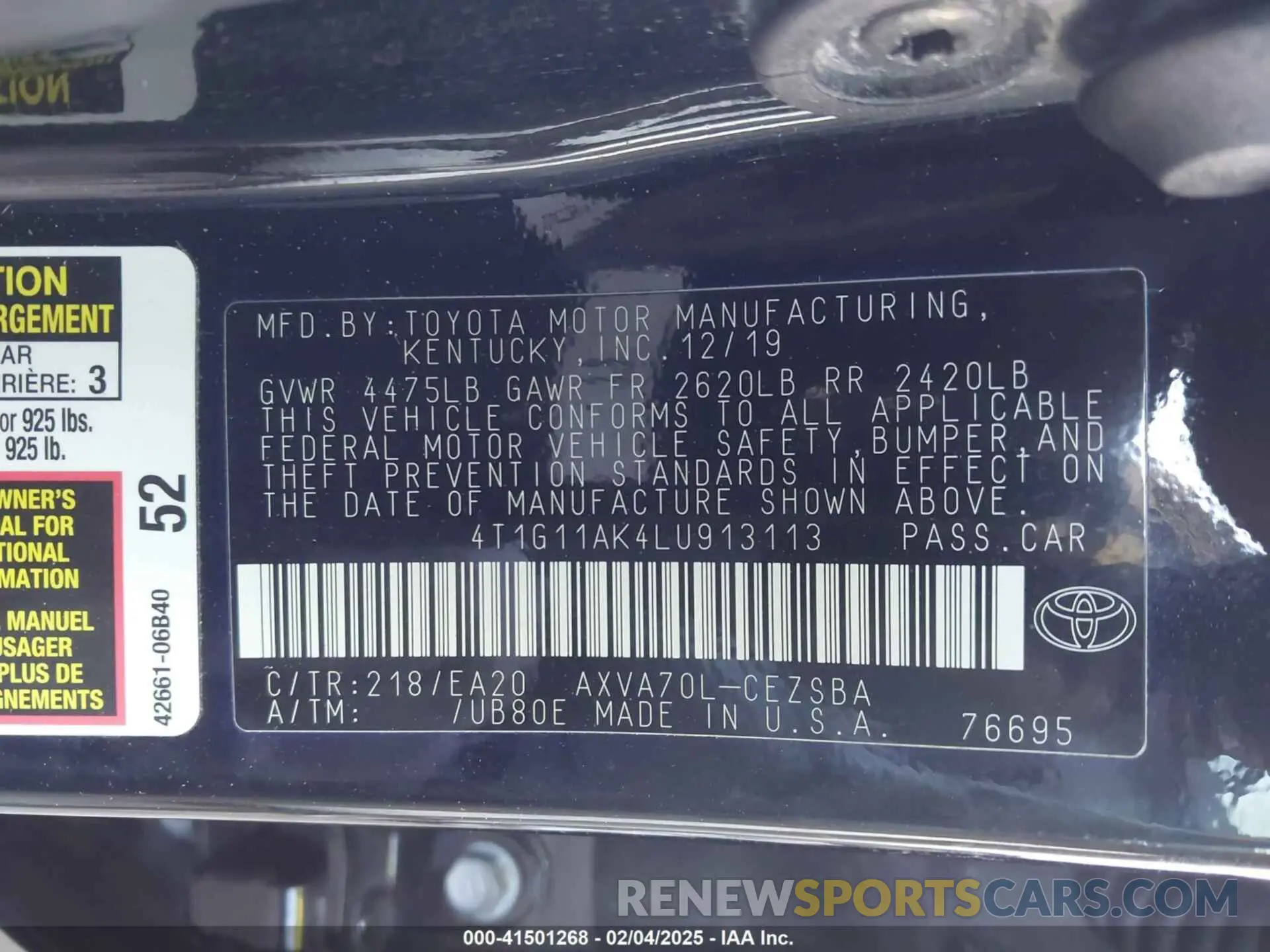 9 Photograph of a damaged car 4T1G11AK4LU913113 TOYOTA CAMRY 2020