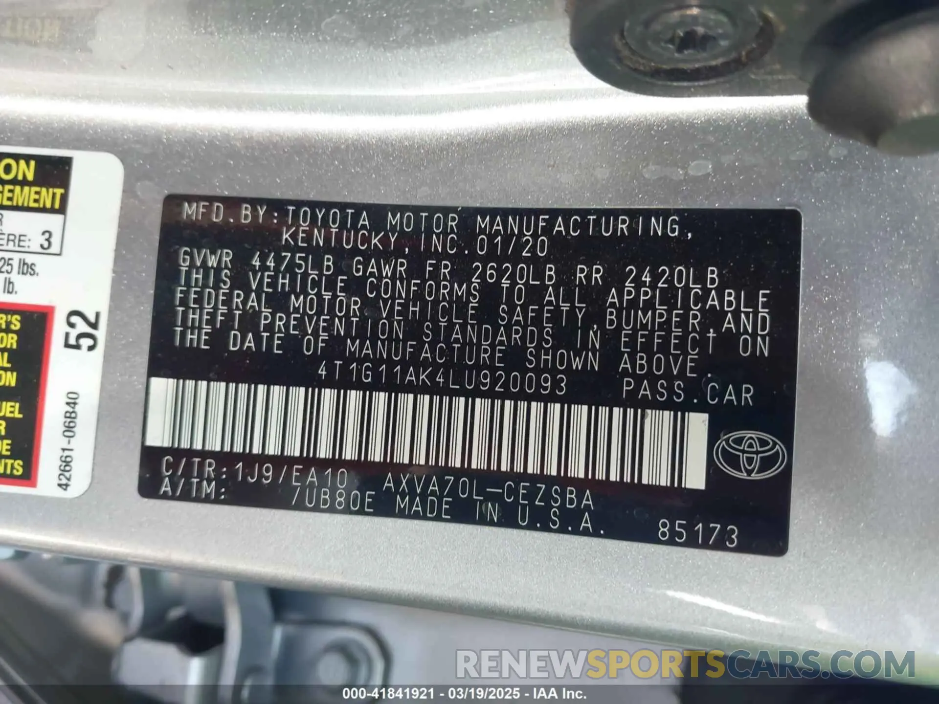 9 Photograph of a damaged car 4T1G11AK4LU920093 TOYOTA CAMRY 2020