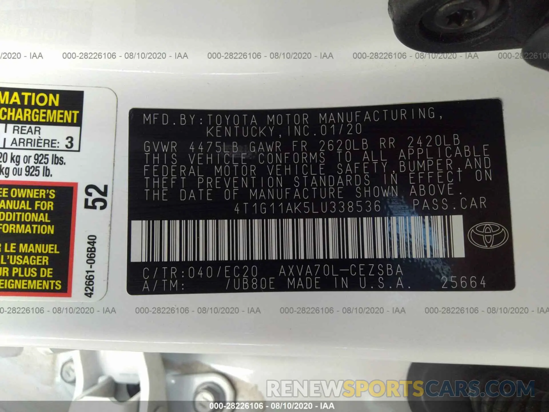 9 Photograph of a damaged car 4T1G11AK5LU338536 TOYOTA CAMRY 2020