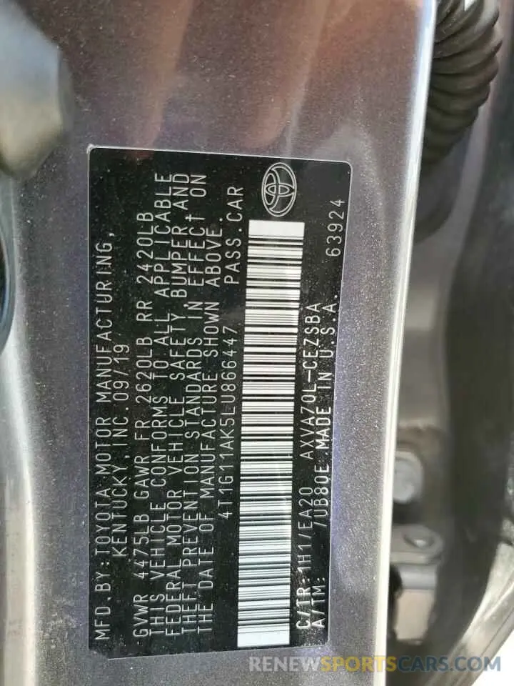 12 Photograph of a damaged car 4T1G11AK5LU866447 TOYOTA CAMRY 2020