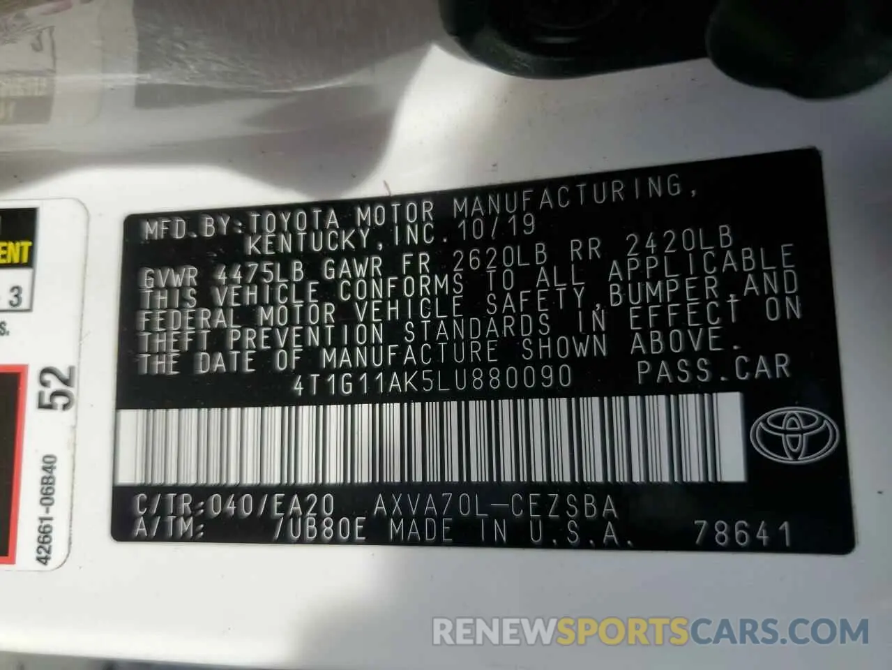 13 Photograph of a damaged car 4T1G11AK5LU880090 TOYOTA CAMRY 2020