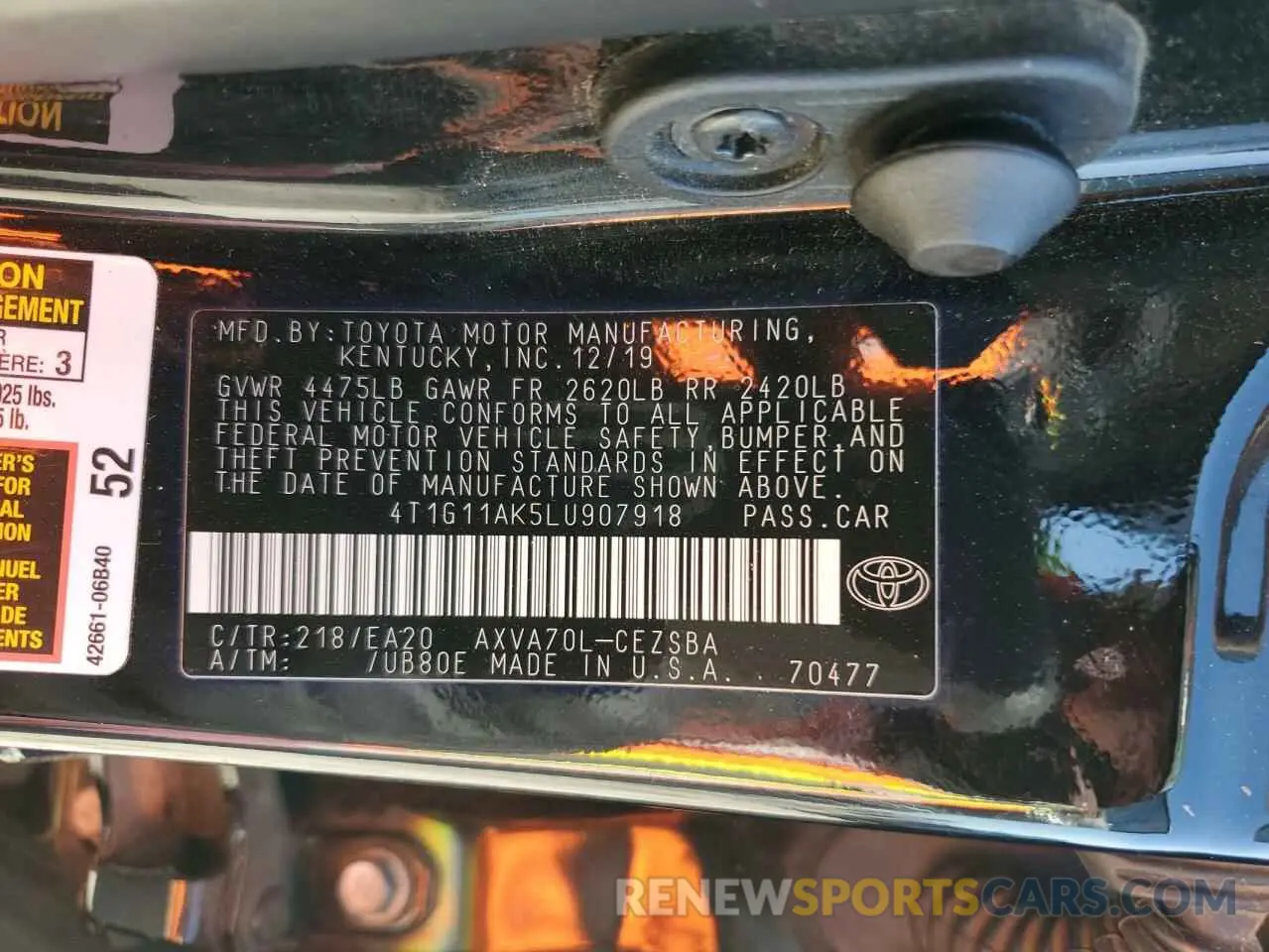 13 Photograph of a damaged car 4T1G11AK5LU907918 TOYOTA CAMRY 2020