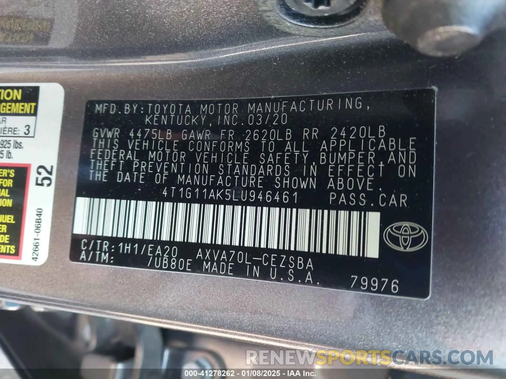 9 Photograph of a damaged car 4T1G11AK5LU946461 TOYOTA CAMRY 2020