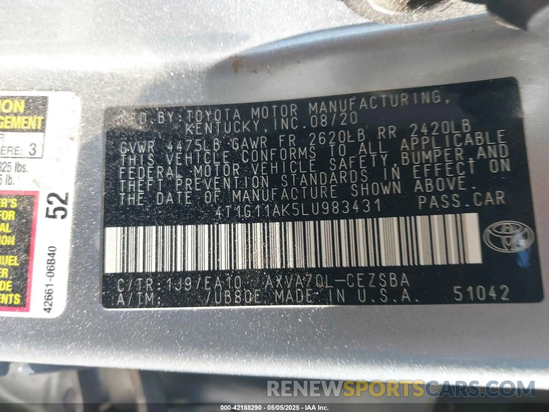 9 Photograph of a damaged car 4T1G11AK5LU983431 TOYOTA CAMRY 2020