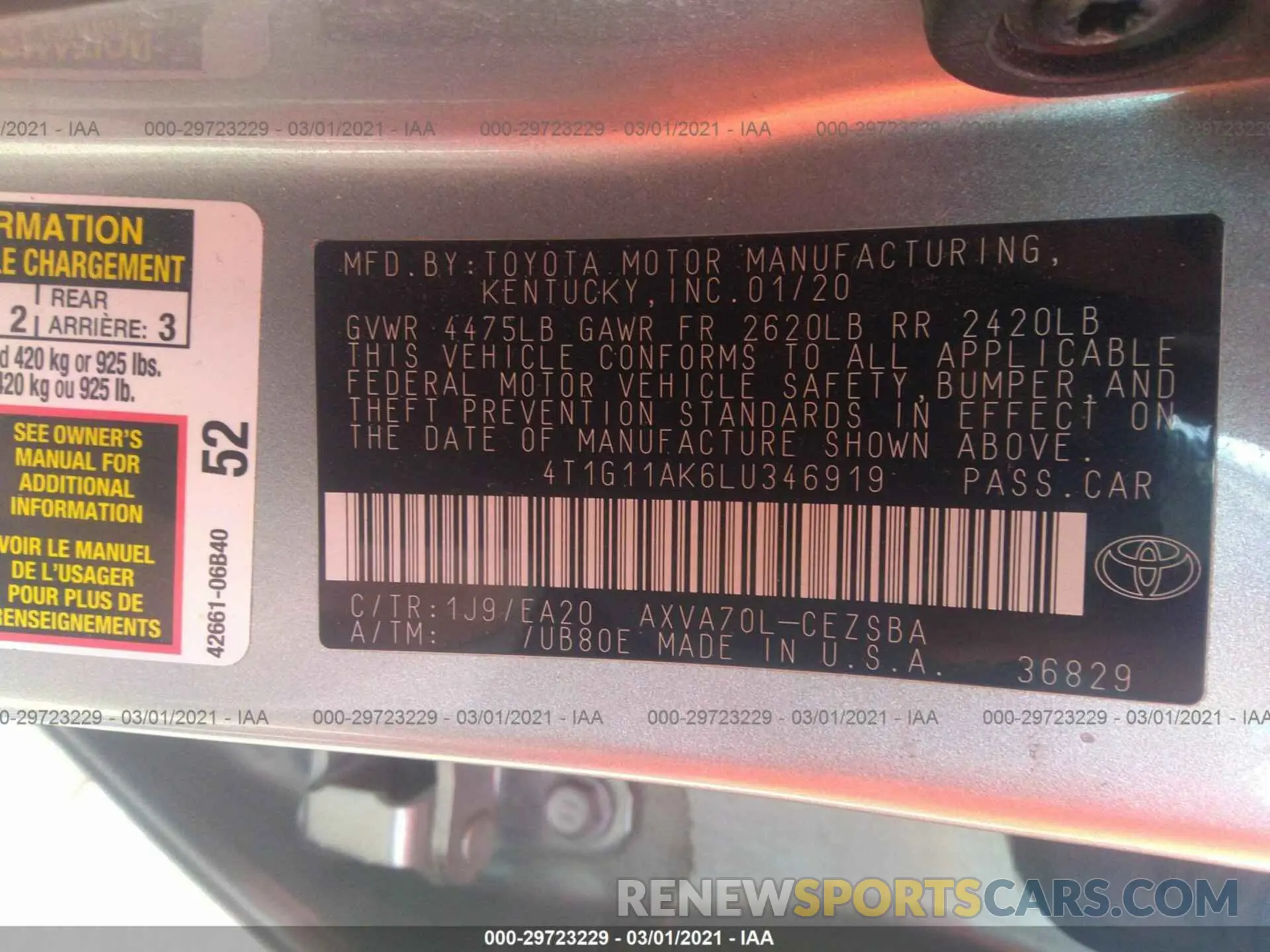 9 Photograph of a damaged car 4T1G11AK6LU346919 TOYOTA CAMRY 2020