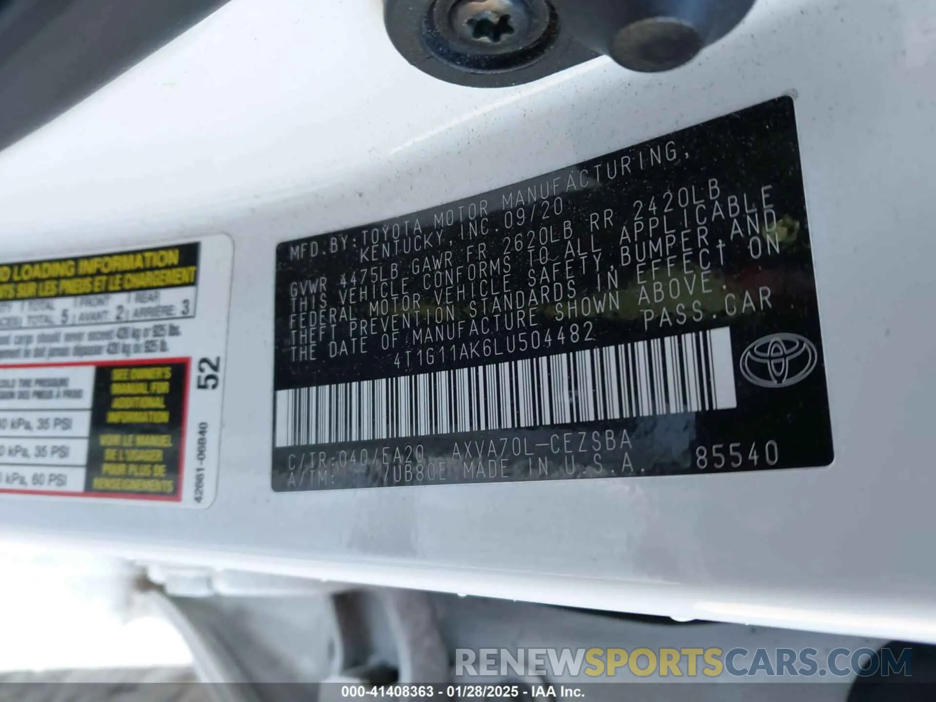 9 Photograph of a damaged car 4T1G11AK6LU504482 TOYOTA CAMRY 2020