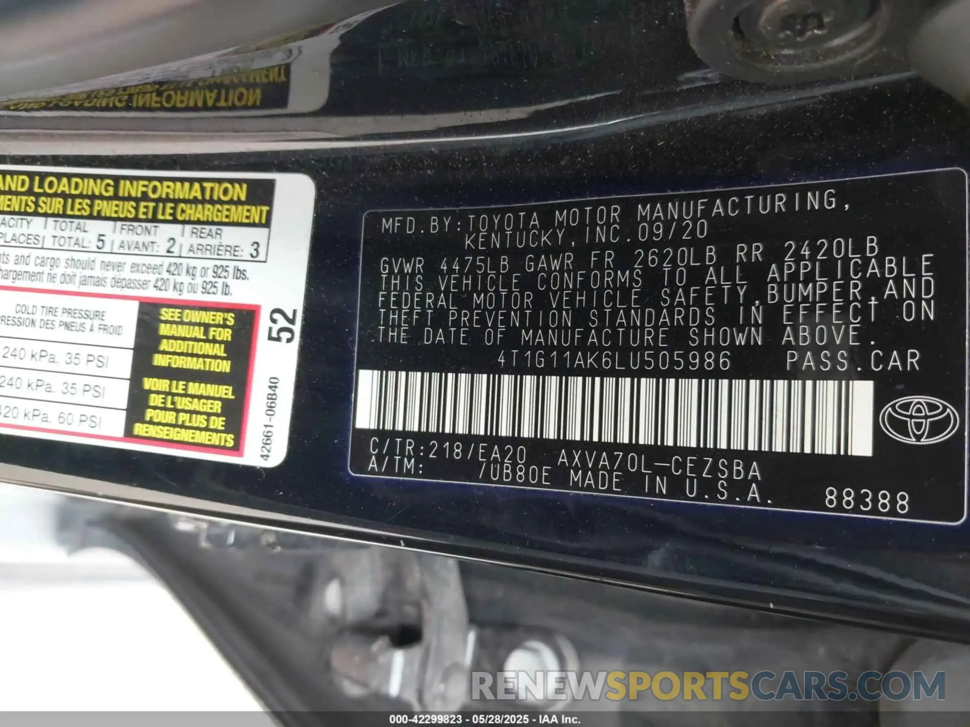 9 Photograph of a damaged car 4T1G11AK6LU505986 TOYOTA CAMRY 2020