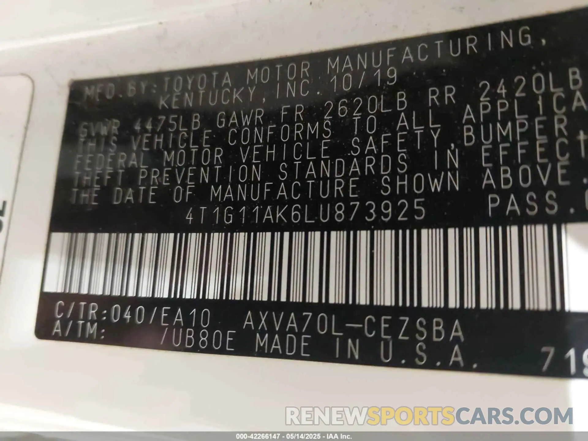9 Photograph of a damaged car 4T1G11AK6LU873925 TOYOTA CAMRY 2020