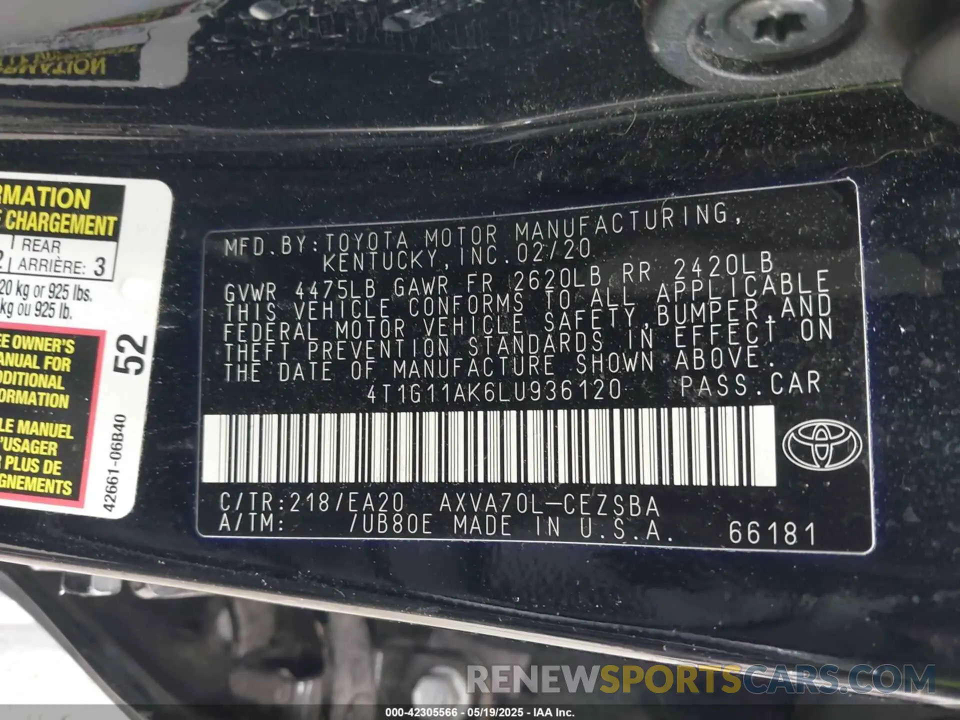 9 Photograph of a damaged car 4T1G11AK6LU936120 TOYOTA CAMRY 2020