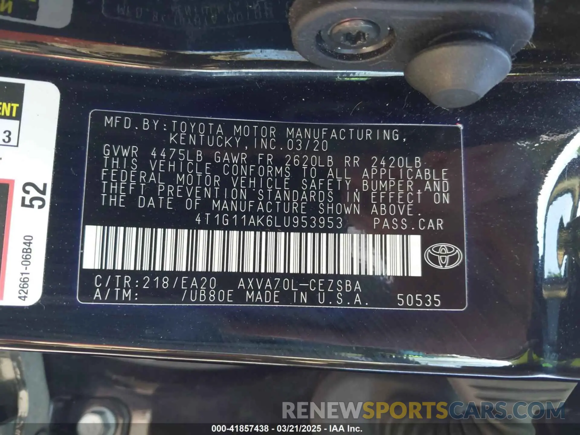 9 Photograph of a damaged car 4T1G11AK6LU953953 TOYOTA CAMRY 2020