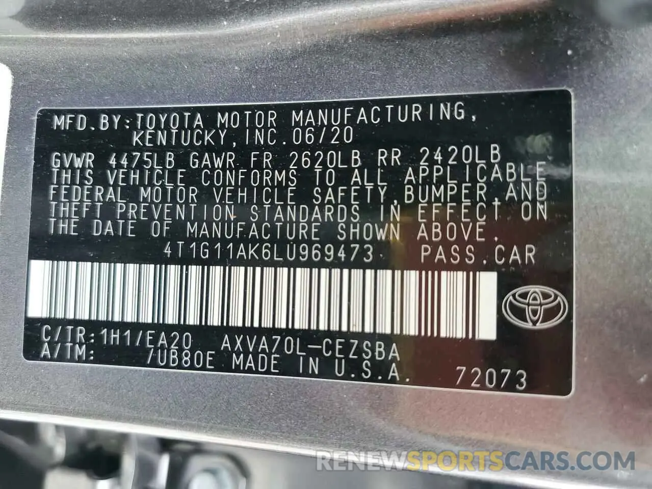 13 Photograph of a damaged car 4T1G11AK6LU969473 TOYOTA CAMRY 2020