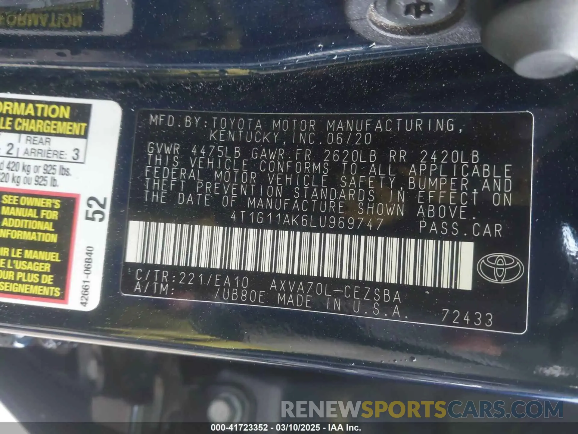 9 Photograph of a damaged car 4T1G11AK6LU969747 TOYOTA CAMRY 2020