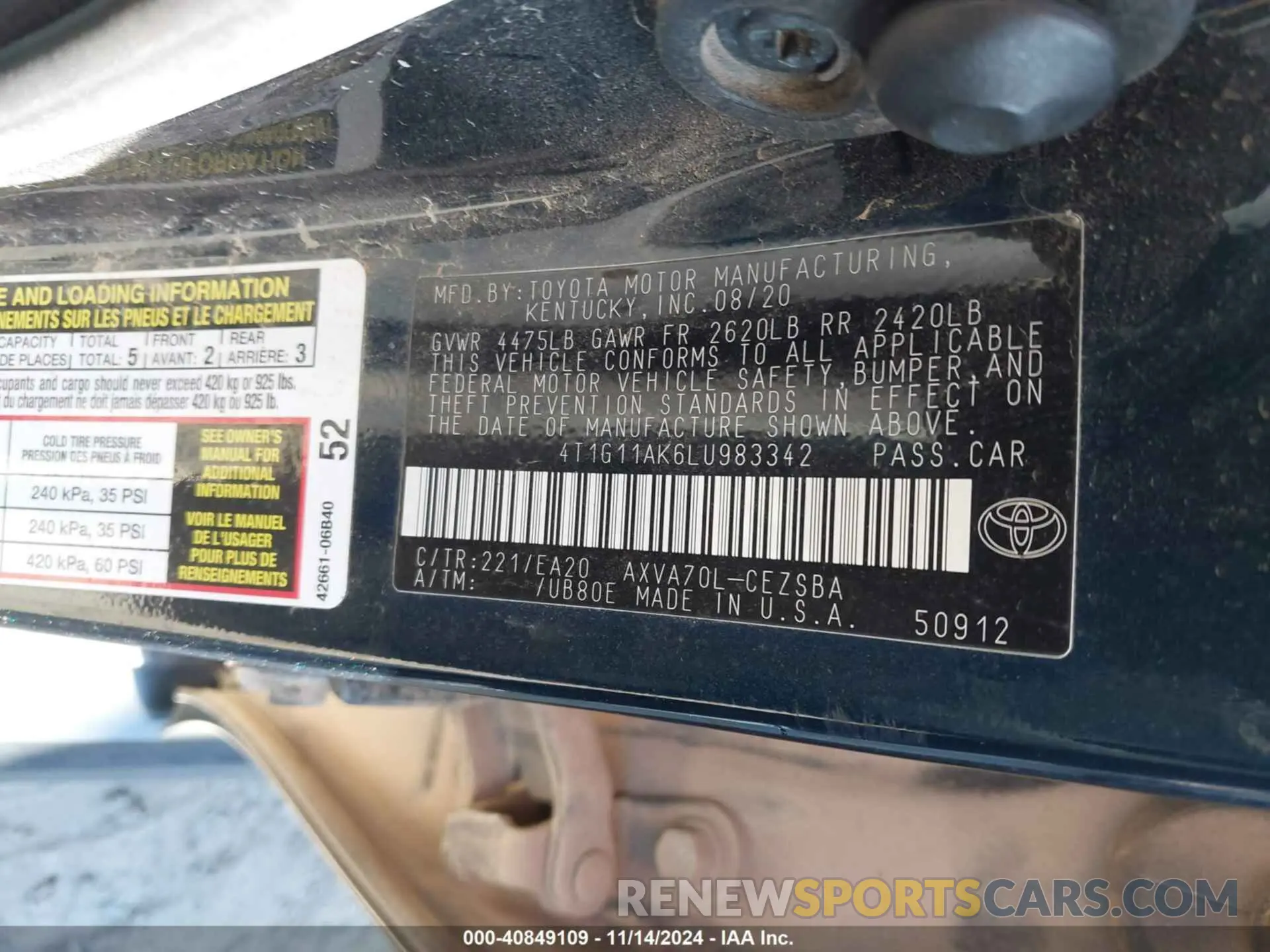 9 Photograph of a damaged car 4T1G11AK6LU983342 TOYOTA CAMRY 2020