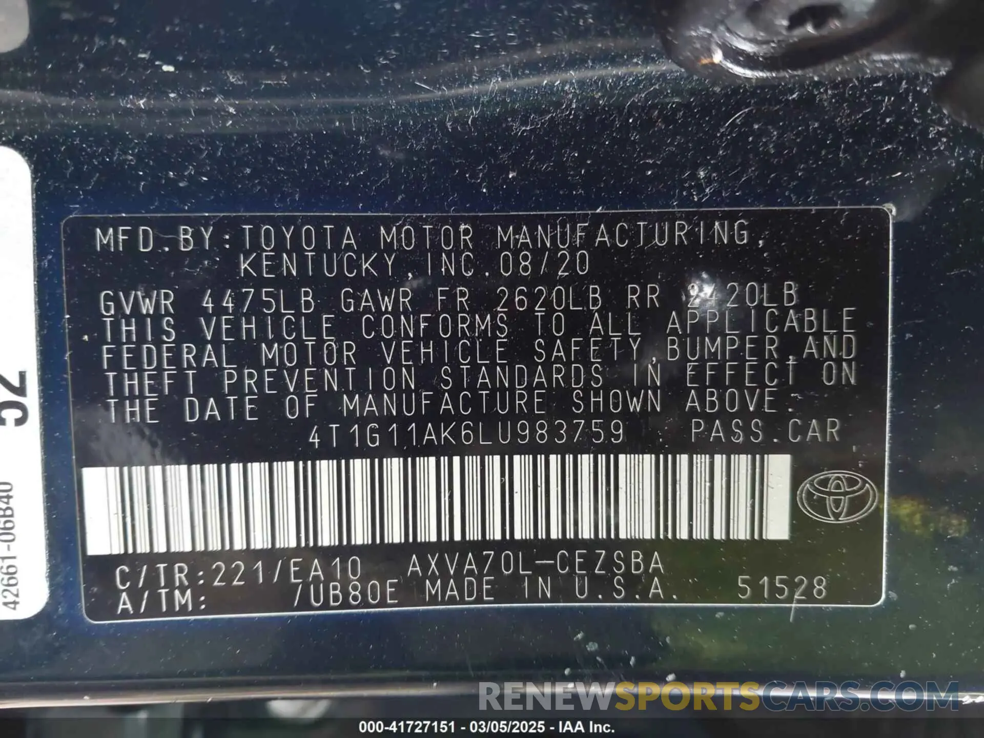 9 Photograph of a damaged car 4T1G11AK6LU983759 TOYOTA CAMRY 2020