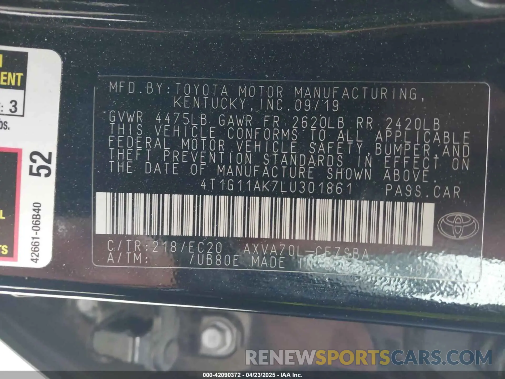 9 Photograph of a damaged car 4T1G11AK7LU301861 TOYOTA CAMRY 2020
