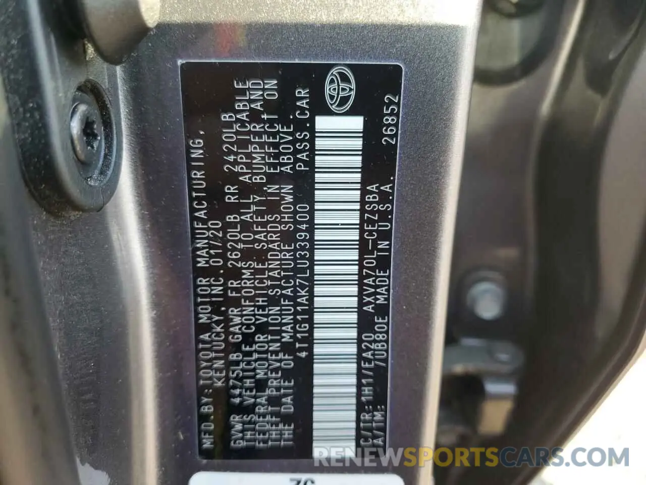 13 Photograph of a damaged car 4T1G11AK7LU339400 TOYOTA CAMRY 2020
