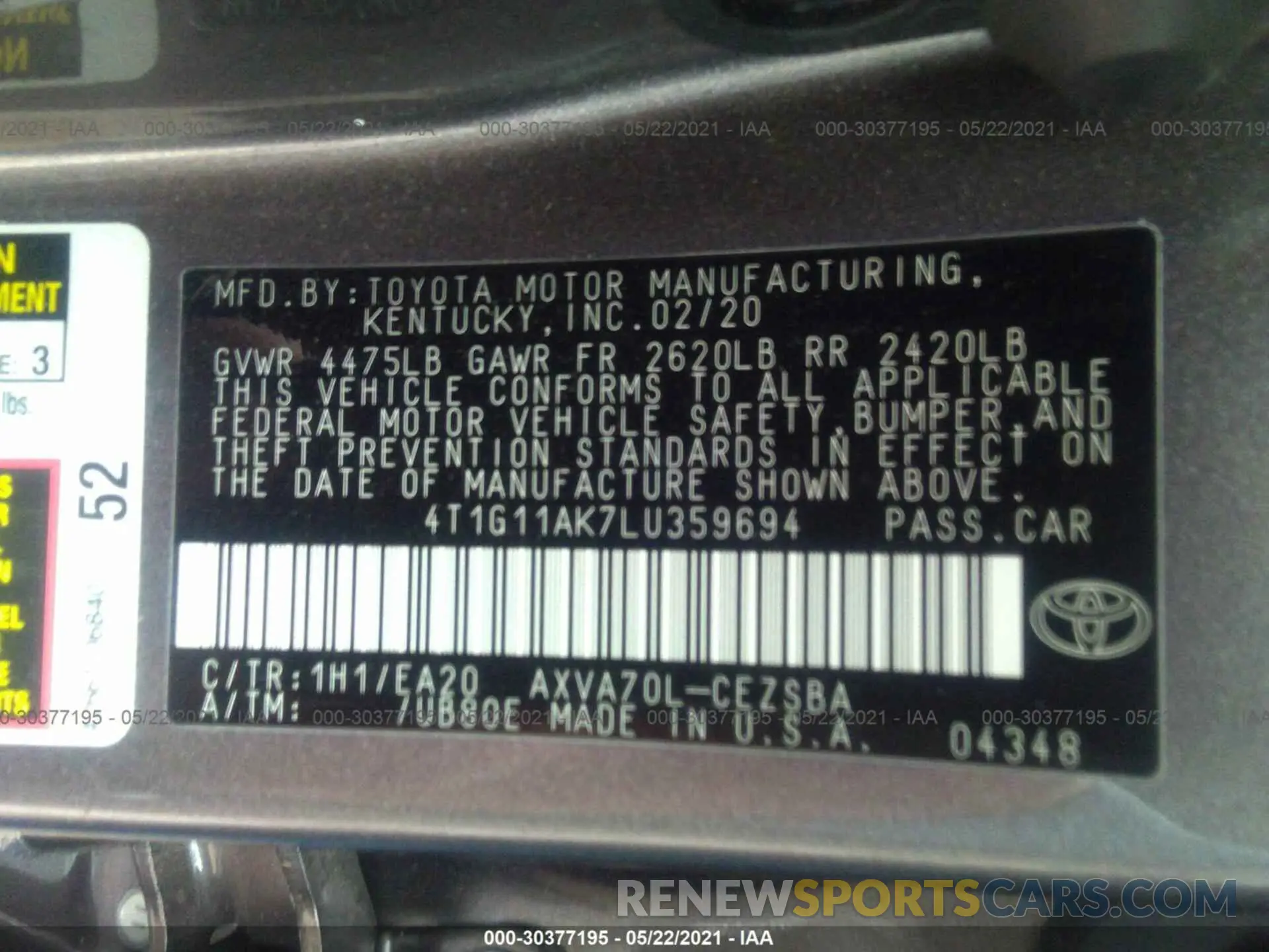 9 Photograph of a damaged car 4T1G11AK7LU359694 TOYOTA CAMRY 2020