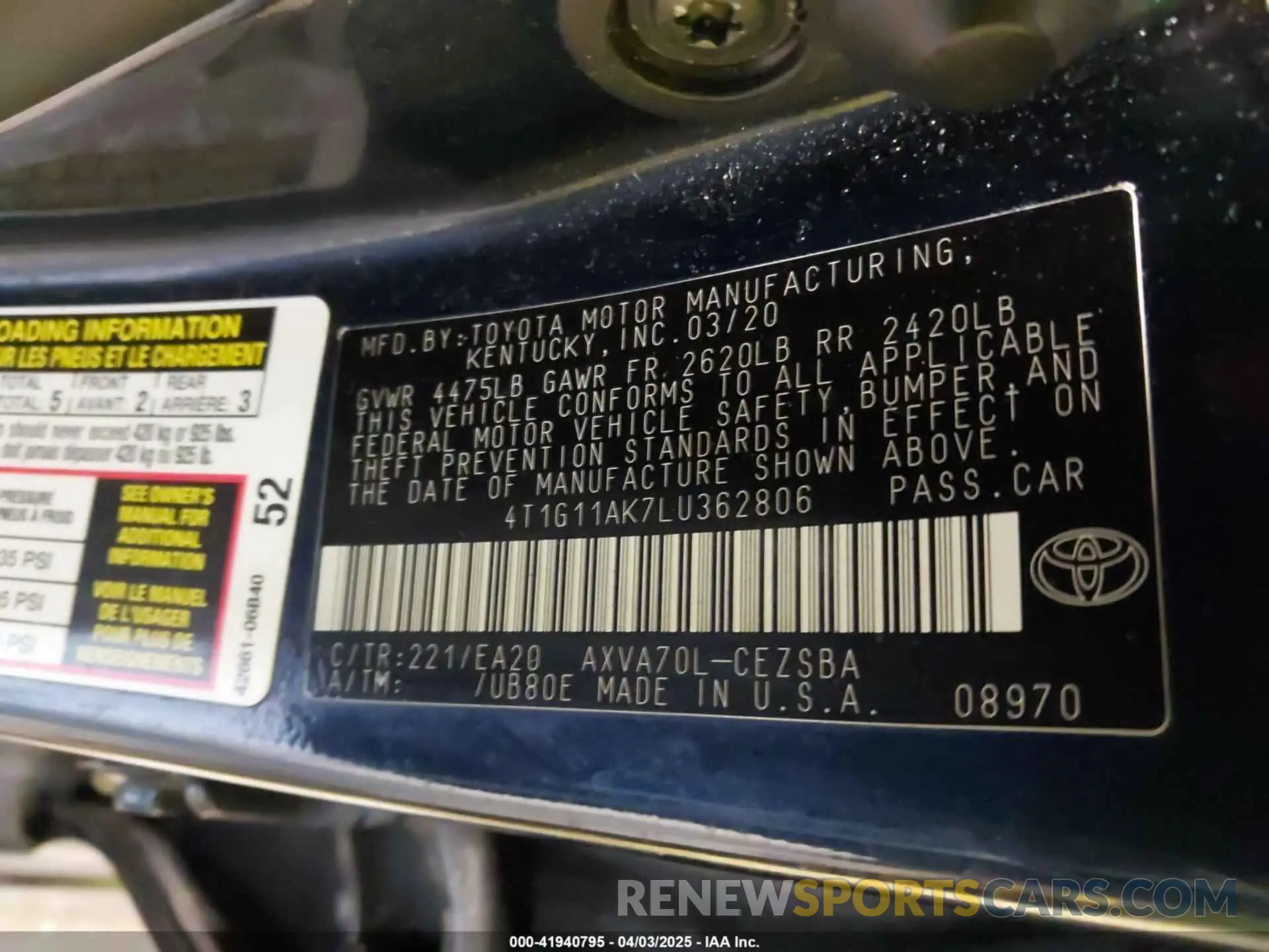 9 Photograph of a damaged car 4T1G11AK7LU362806 TOYOTA CAMRY 2020