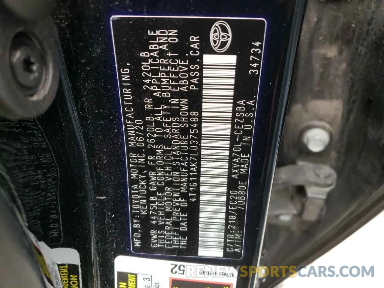 10 Photograph of a damaged car 4T1G11AK7LU375488 TOYOTA CAMRY 2020