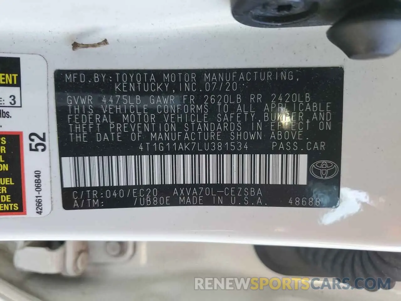12 Photograph of a damaged car 4T1G11AK7LU381534 TOYOTA CAMRY 2020
