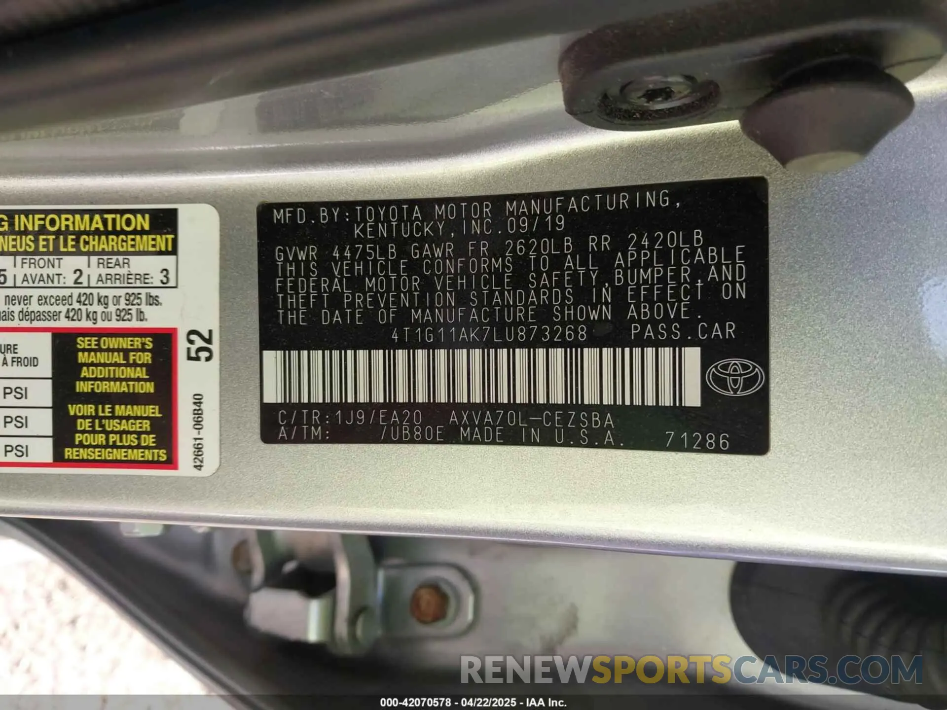 9 Photograph of a damaged car 4T1G11AK7LU873268 TOYOTA CAMRY 2020