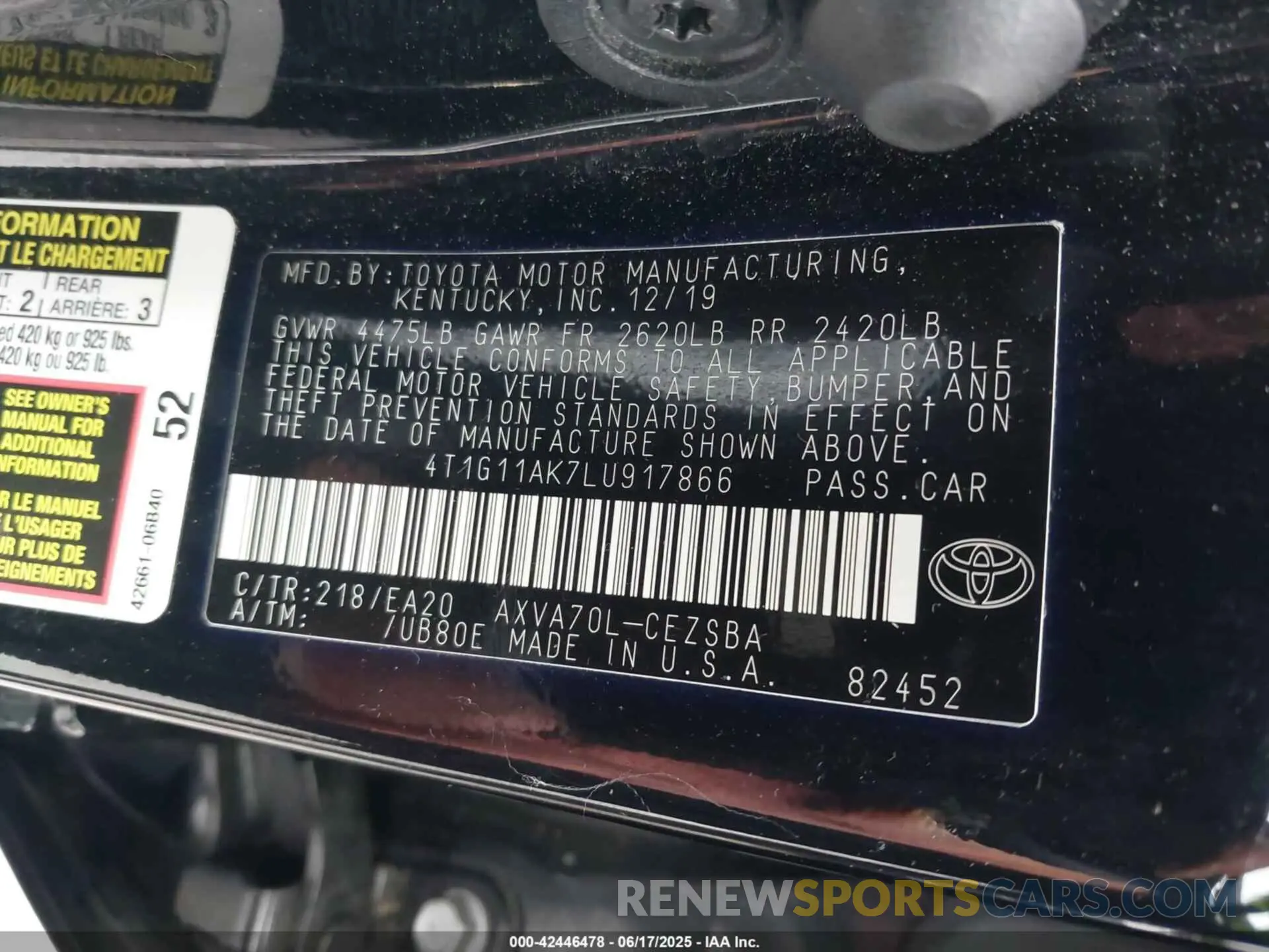 9 Photograph of a damaged car 4T1G11AK7LU917866 TOYOTA CAMRY 2020