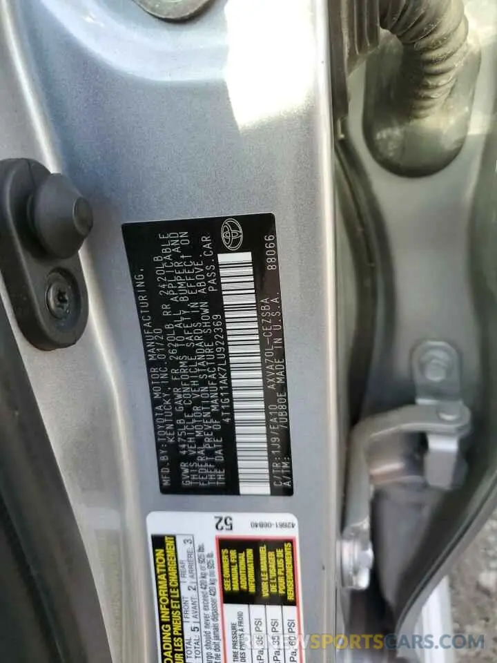 12 Photograph of a damaged car 4T1G11AK7LU922369 TOYOTA CAMRY 2020