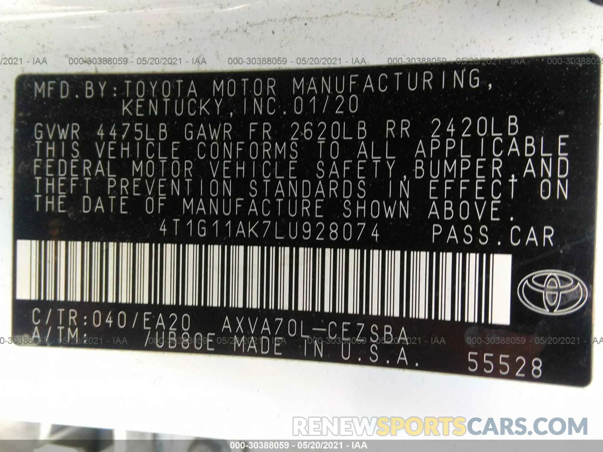 9 Photograph of a damaged car 4T1G11AK7LU928074 TOYOTA CAMRY 2020